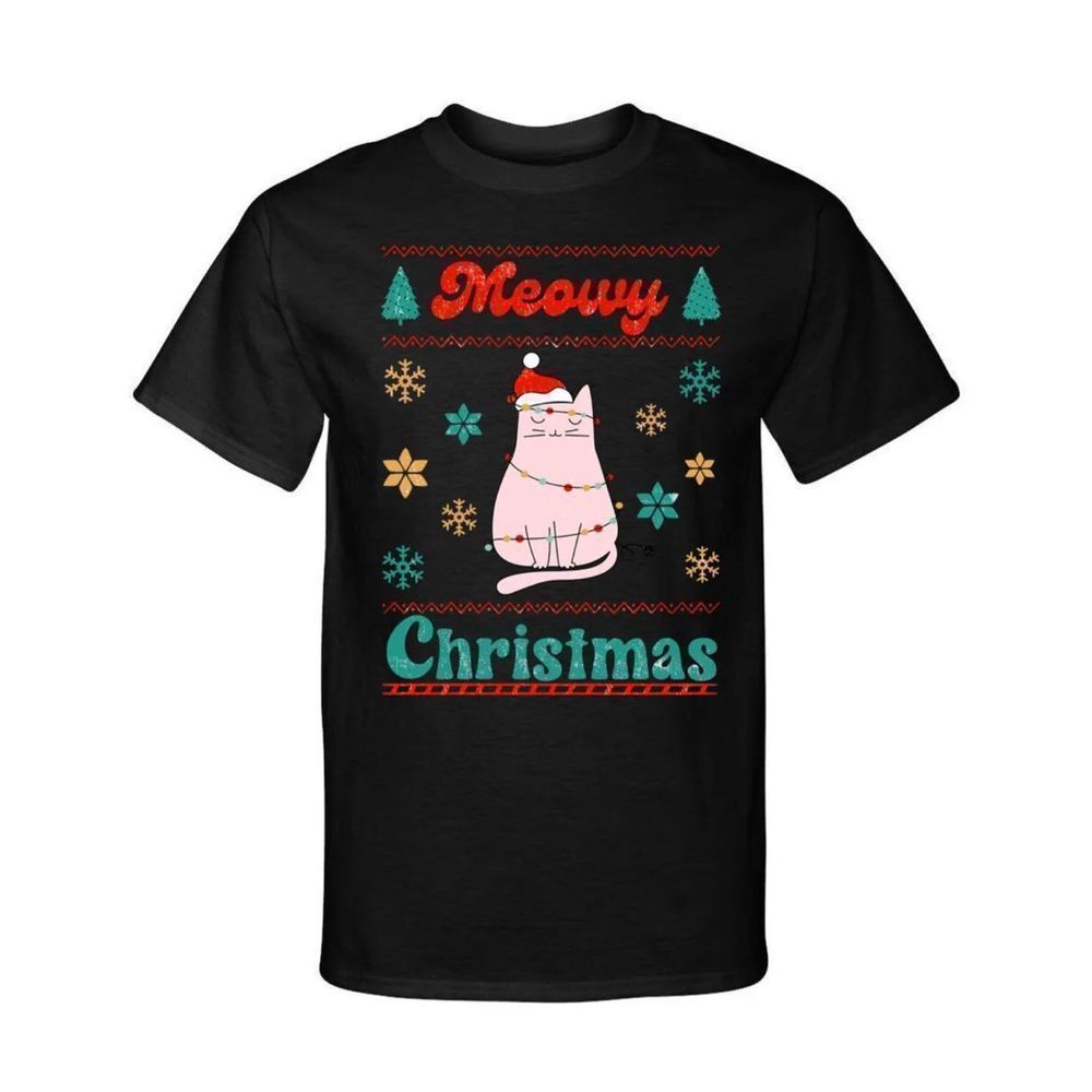 Meowy Christmas Cat Lover Retro Ugly Sweater Xmas Style Graphic Tee Shirt